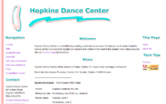 graphic of the current Hopkins Dance Center homepage