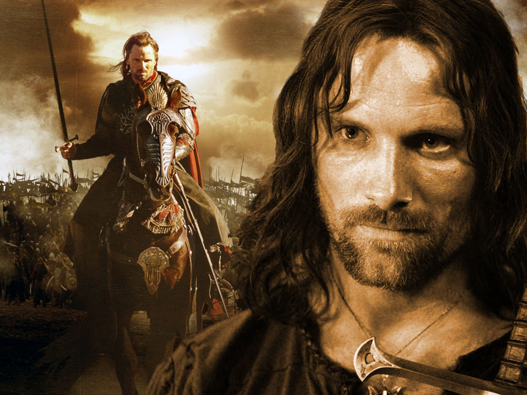 Three images of Aragorn from Return of the King at 1024x768